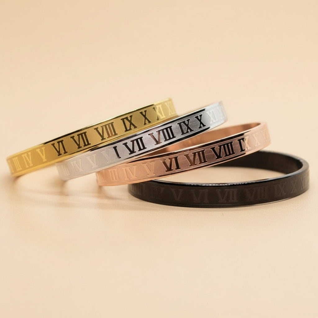 Roman Numeral Classic Bangle Bracelet – 18K Gold / Silver / Black