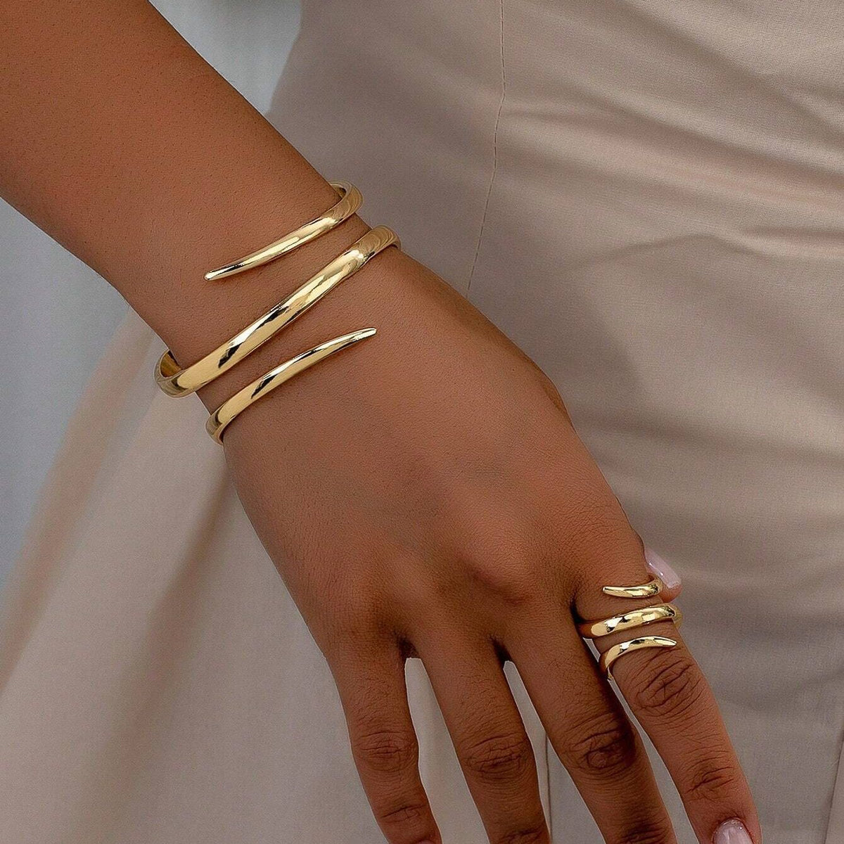 Minimalist Water Drop Open Line Ring and bracelet Set – 18K Gold / Stainless Steel