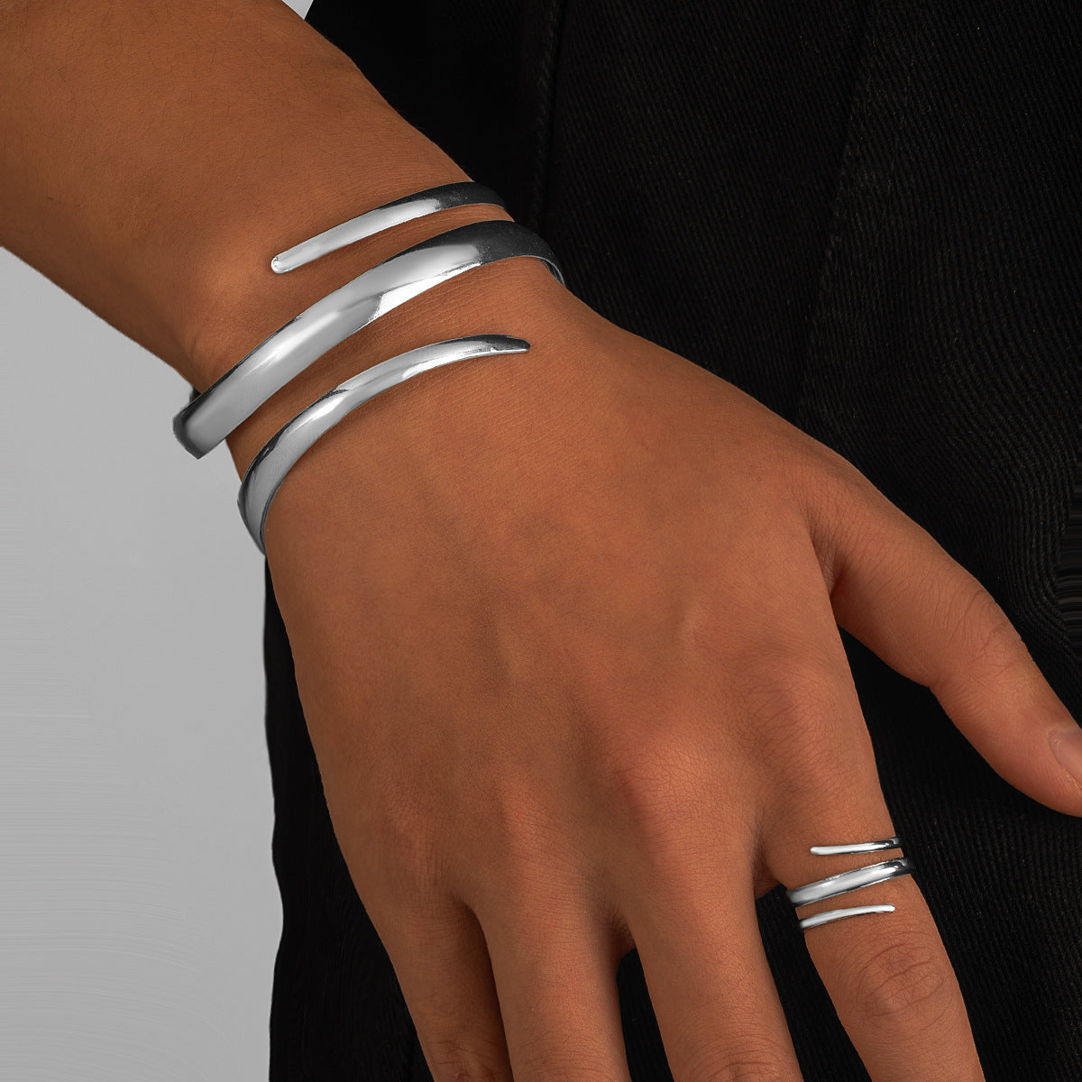 Minimalist Water Drop Open Line Ring and bracelet Set – 18K Gold / Stainless Steel