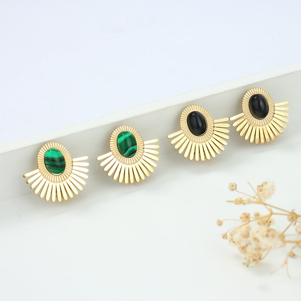 Gold Scalloped Stone Stud Earrings