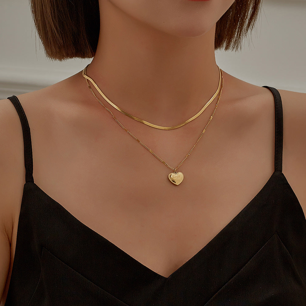 18K Gold Plated Heart Pendant Layered Necklace – Stainless Steel, Minimal & Elegant