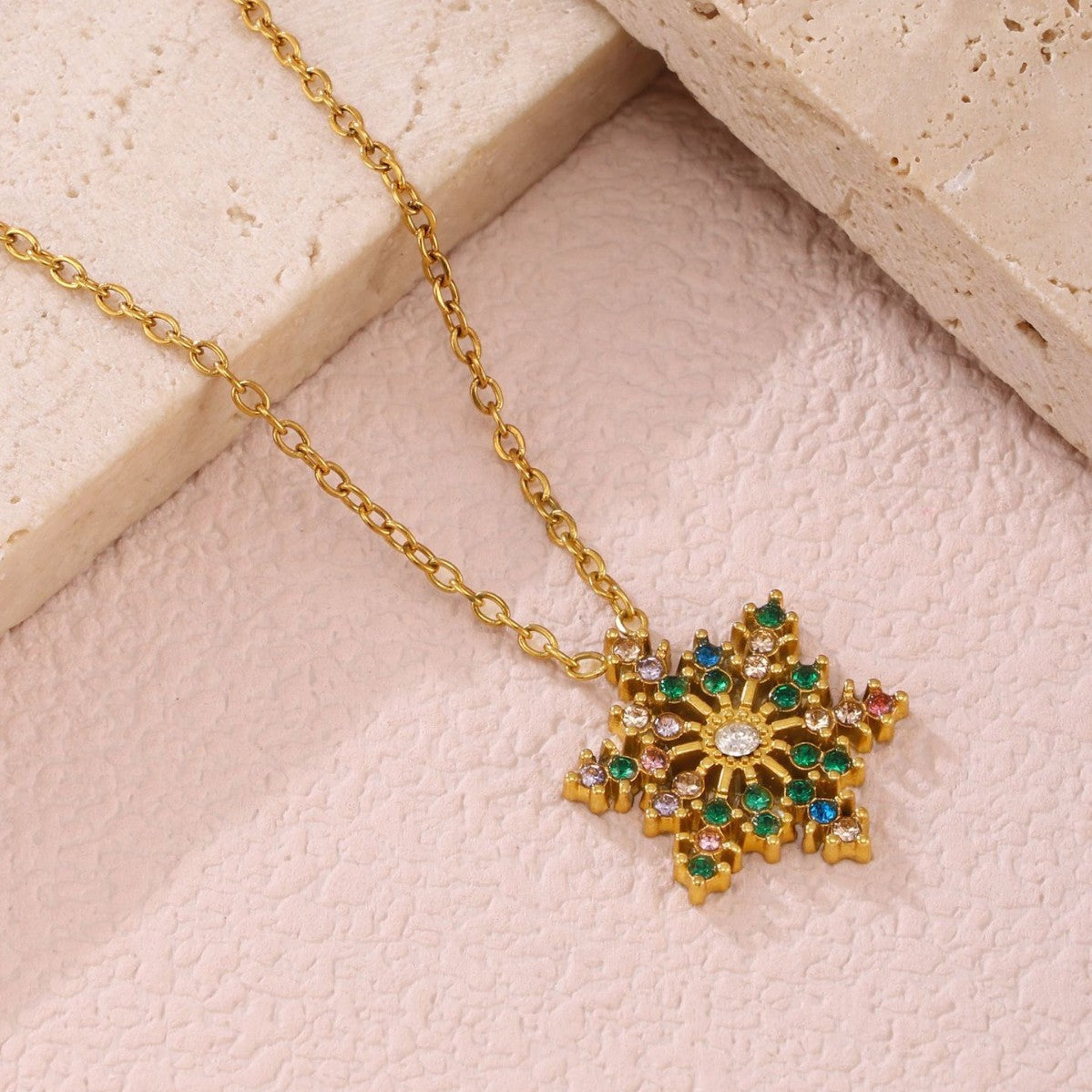 Christmas Snowflake Zircon Pendant Necklace – 18K Gold Plated Stainless Steel